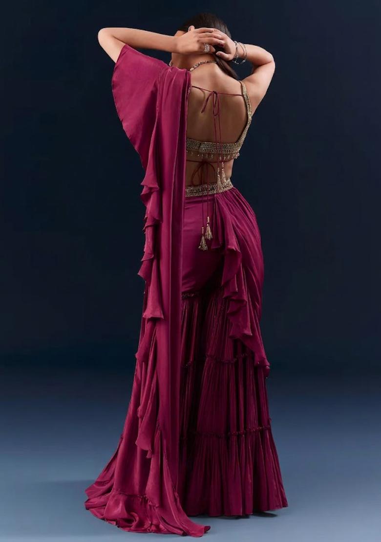 Pink Embroidered Handwork Pre Draped Saree Set - Indya