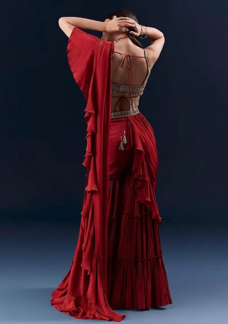 Red Embroidered Handwork Pre Draped Saree Set - Indya