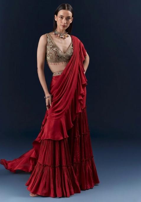 Red Embroidered Handwork  Pre Draped Saree Set