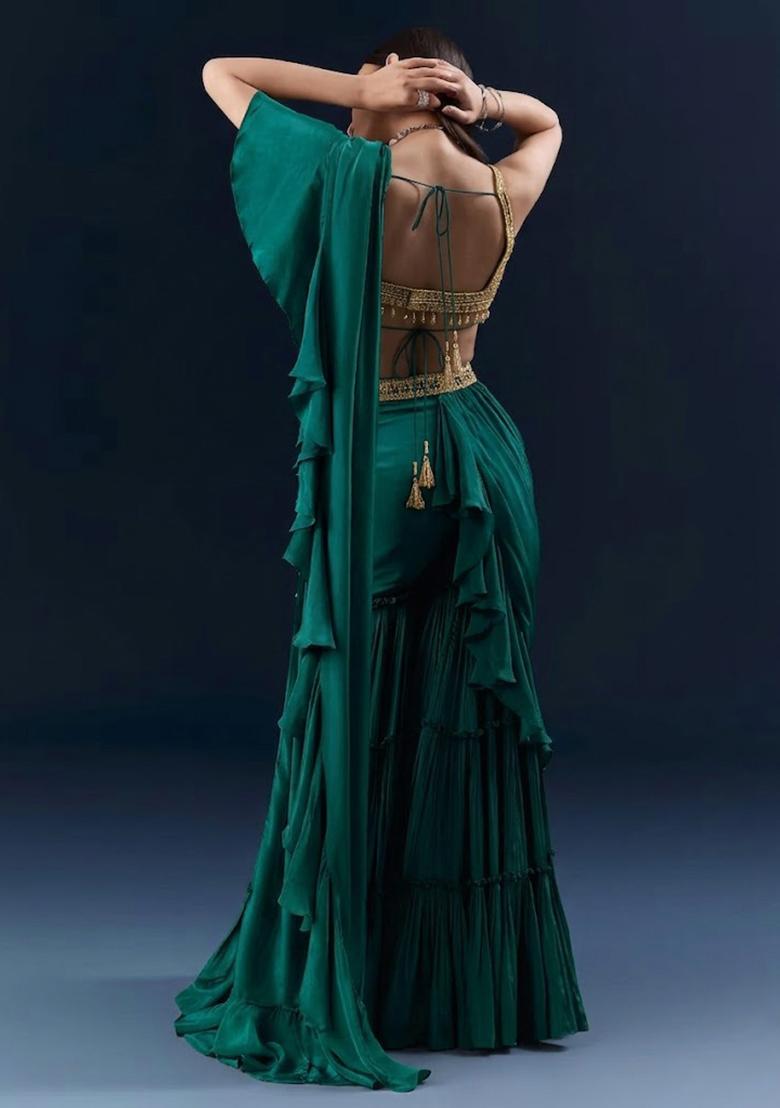 Green Embroidered Handwork Pre Draped Saree Set - Indya