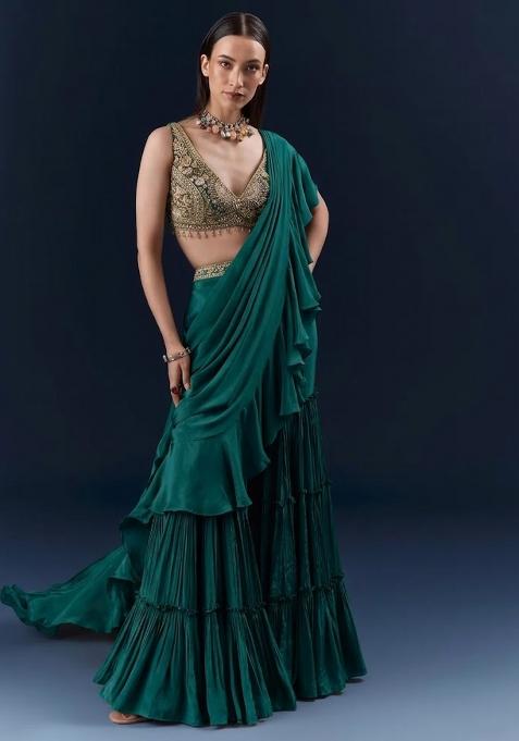 Green Embroidered Handwork  Pre Draped Saree Set