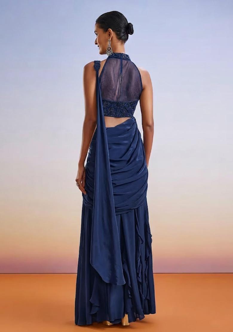 Navy Blue Embroidered Handwork Pre Draped Saree Set - Indya