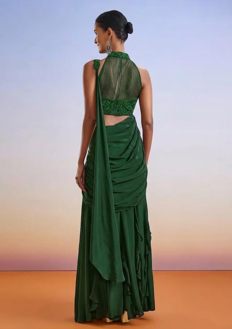Green Embroidered Handwork Pre Draped Saree Set - Indya
