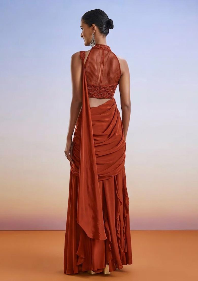 Orange Embroidered Handwork  Pre Draped Saree Set - Indya