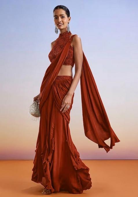 Orange Embroidered Handwork  Pre Draped Saree Set