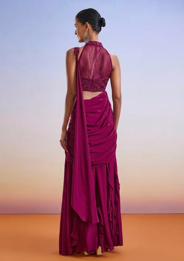 Pink Embroidered Handwork  Pre Draped Saree Set - Indya