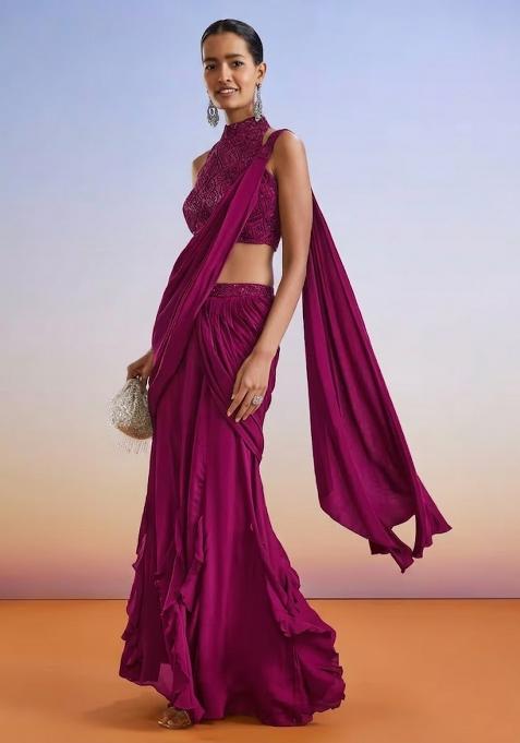 Pink Embroidered Handwork  Pre Draped Saree Set