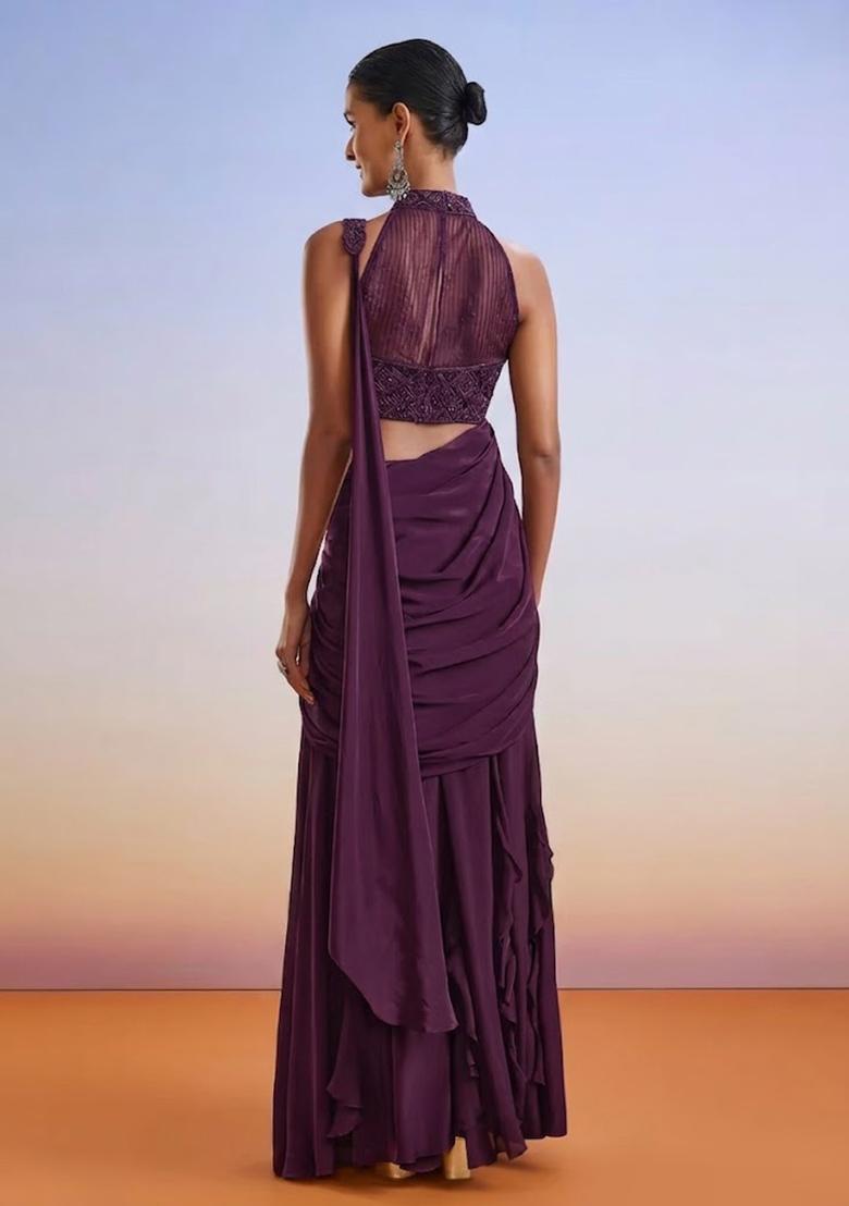 Purple Embroidered Handwork Pre Draped Saree Set - Indya
