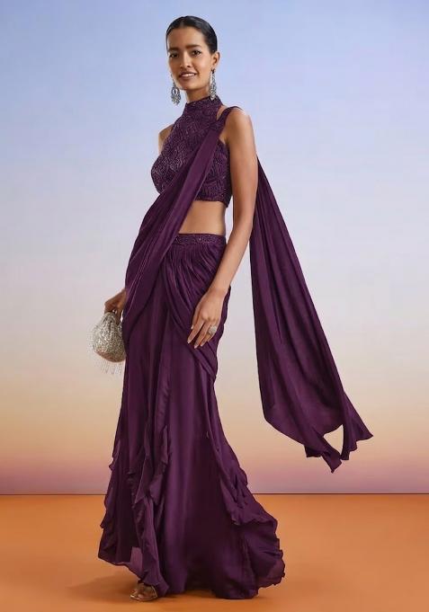 Purple Embroidered Handwork  Pre Draped Saree Set