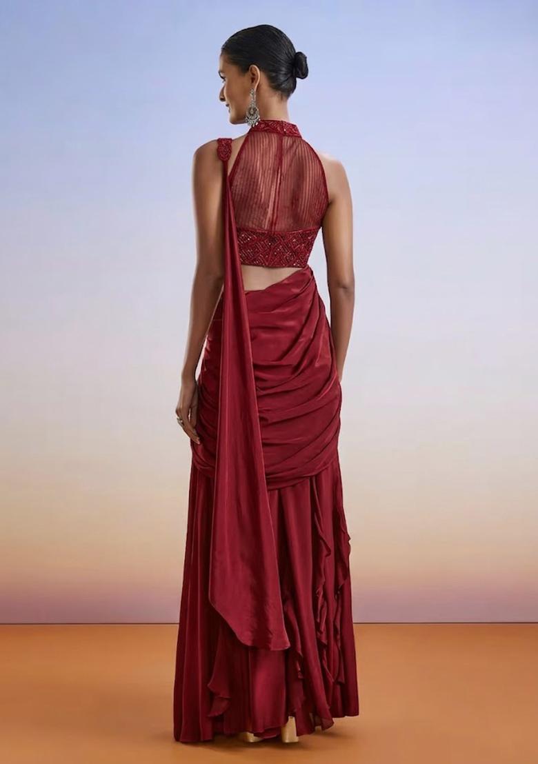 Red Embroidered Handwork  Pre Draped Saree Set - Indya