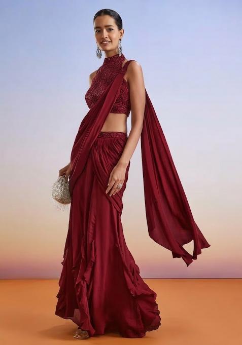 Red Embroidered Handwork  Pre Draped Saree Set