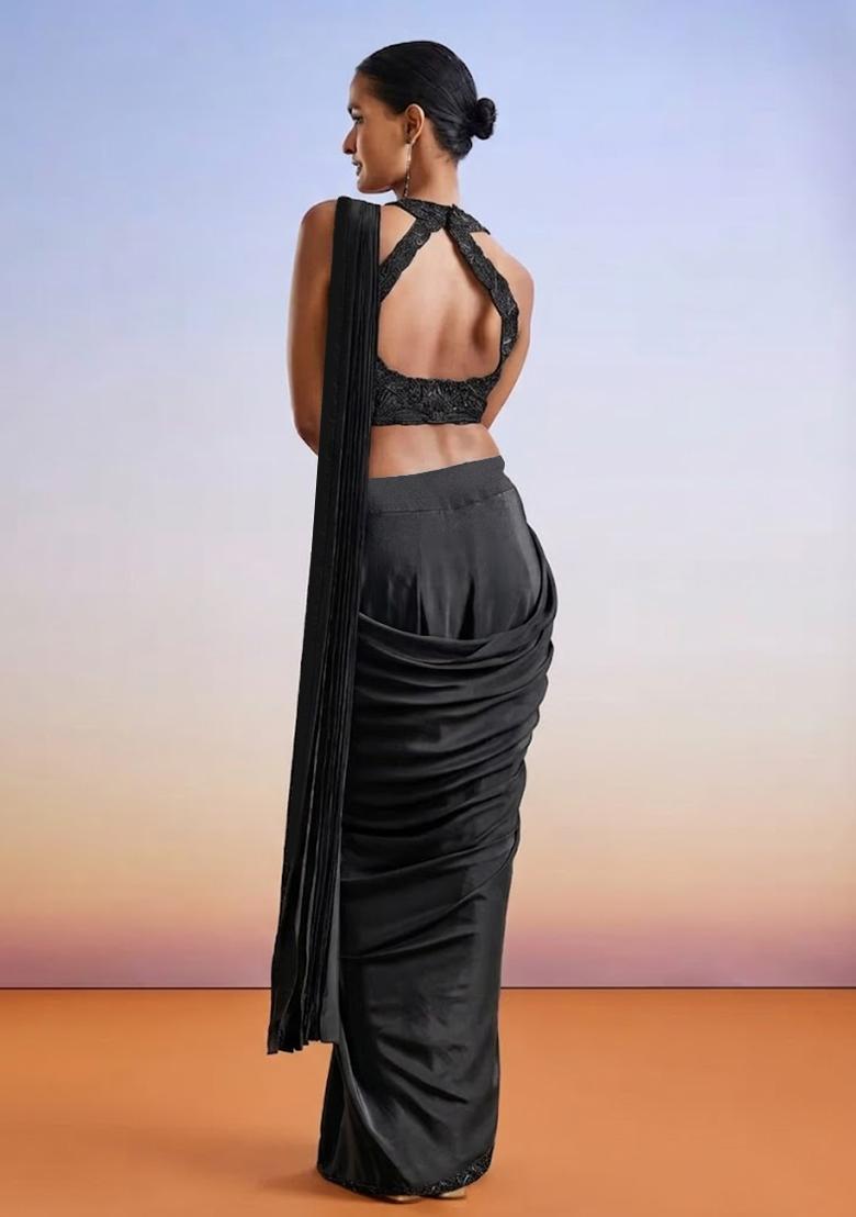 Jet Black Embroidered Handwork Pre Draped Saree Set - Indya