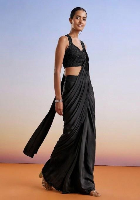 Jet Black Embroidered Handwork  Pre Draped Saree Set