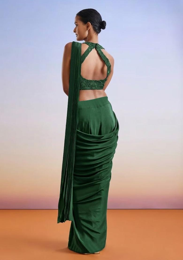 Green Embroidered Handwork Pre Draped Saree Set - Indya