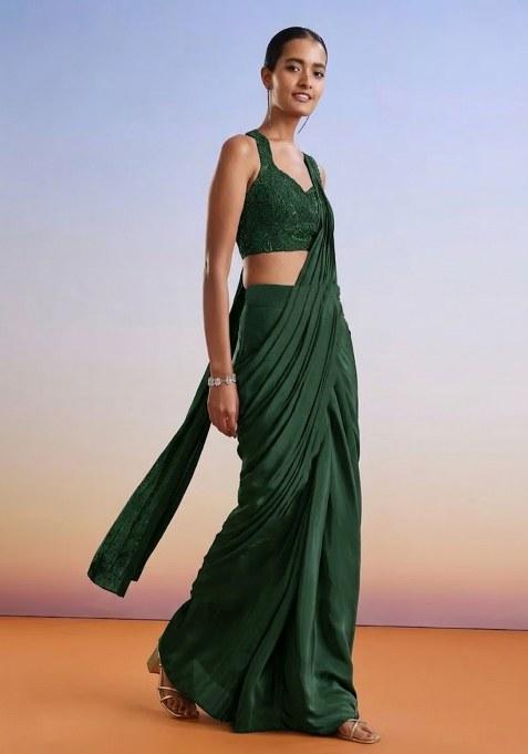 Green Embroidered Handwork  Pre Draped Saree Set
