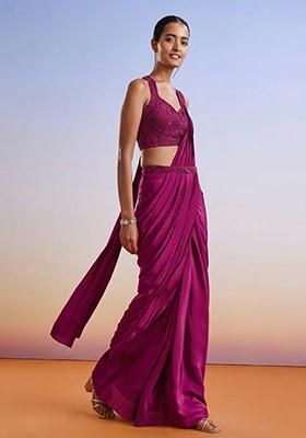 Pink Embroidered Handwork  Pre Draped Saree Set