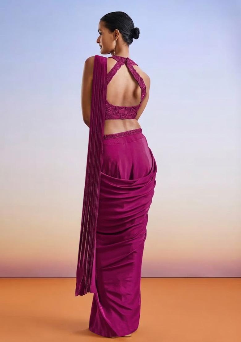 Pink Embroidered Handwork Pre Draped Saree Set - Indya