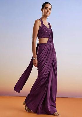 Purple Embroidered Handwork  Pre Draped Saree Set