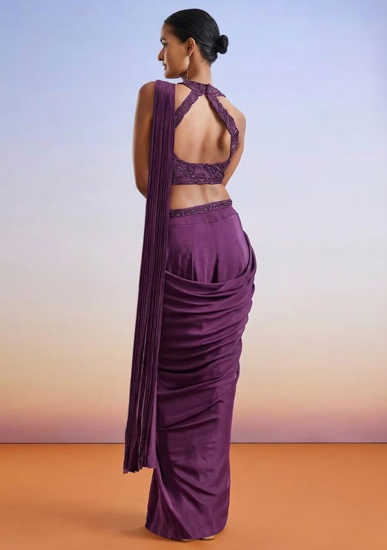 Purple Embroidered Handwork Pre Draped Saree Set - Indya