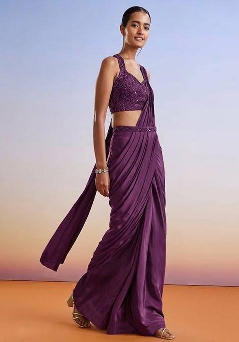 Purple Embroidered Handwork  Pre Draped Saree Set