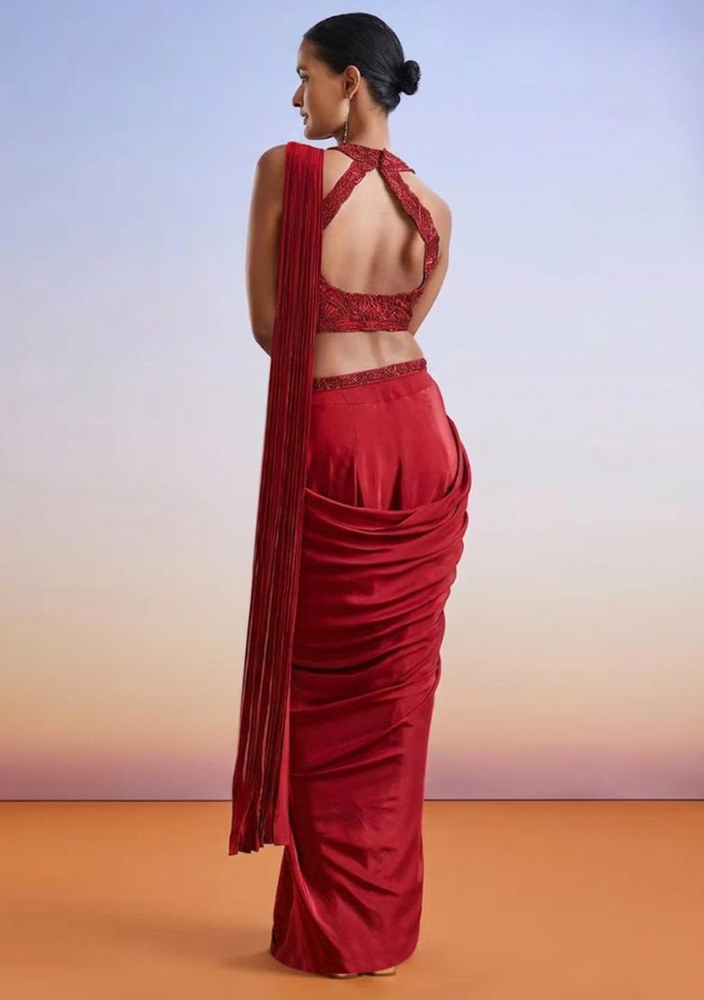 Red Embroidered Handwork Pre Draped Saree Set - Indya