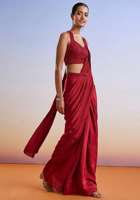Red Embroidered Handwork  Pre Draped Saree Set