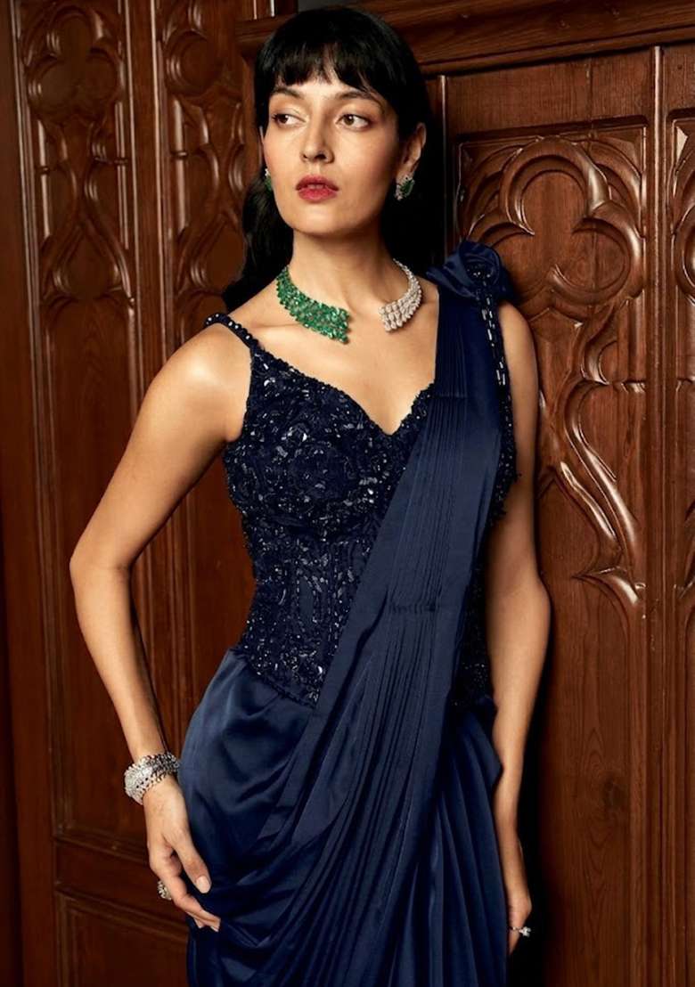 Midnight Blue Embroidered Handwork Pre Draped Saree Set - Indya