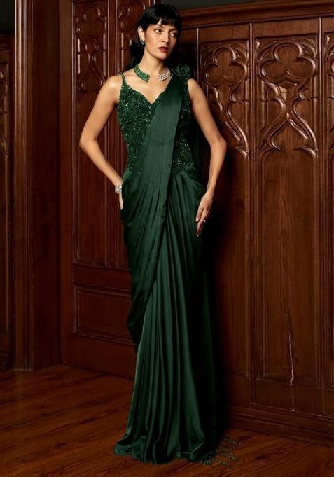 Green Embroidered Handwork  Pre Draped Saree Set