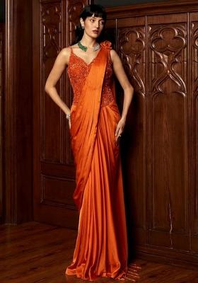 Orange Embroidered Handwork  Pre Draped Saree Set
