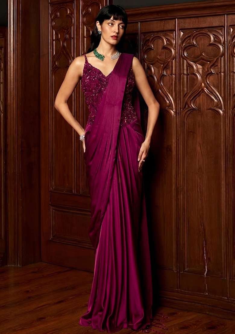 Wine Embroidered Handwork Pre Draped Saree Set - Indya