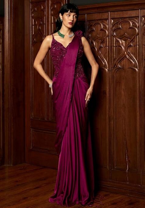 Wine Embroidered Handwork  Pre Draped Saree Set