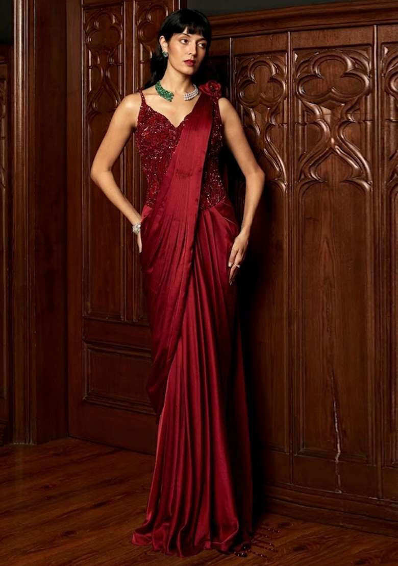 Red Embroidered Handwork Pre Draped Saree Set - Indya