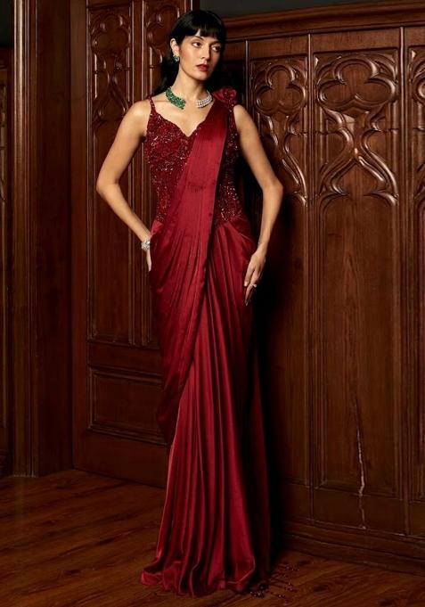 Red Embroidered Handwork  Pre Draped Saree Set