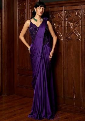Purple Embroidered Handwork  Pre Draped Saree Set
