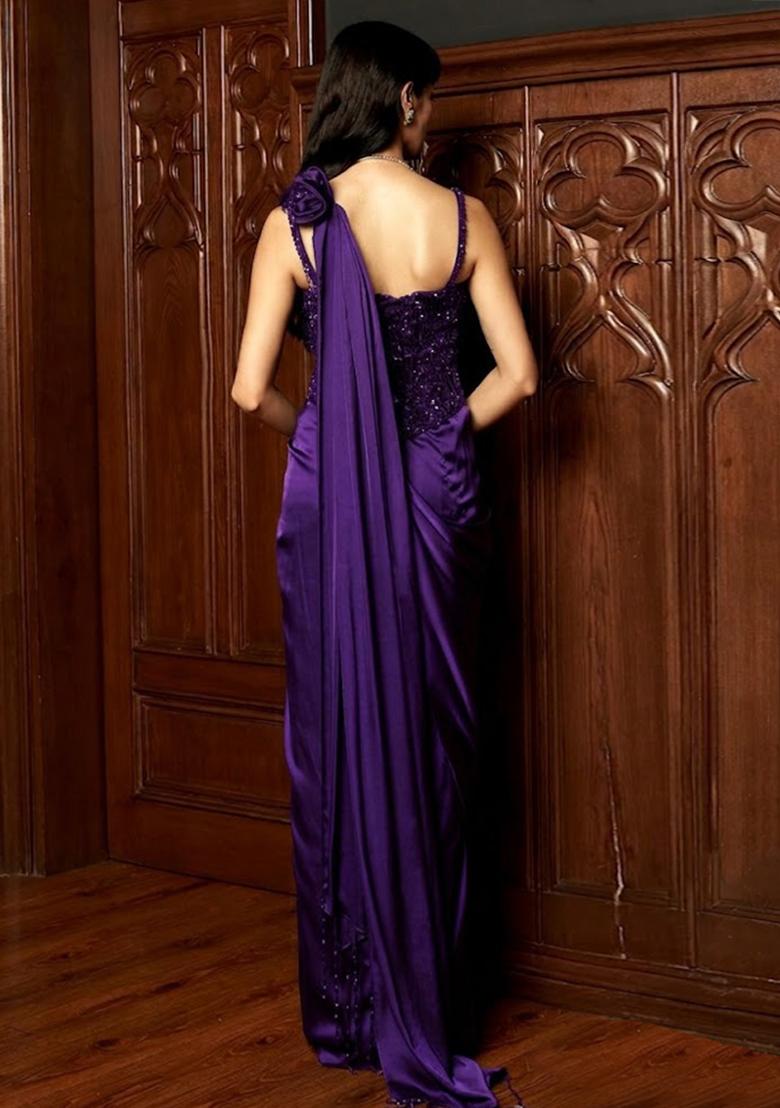 Purple Embroidered Handwork Pre Draped Saree Set - Indya