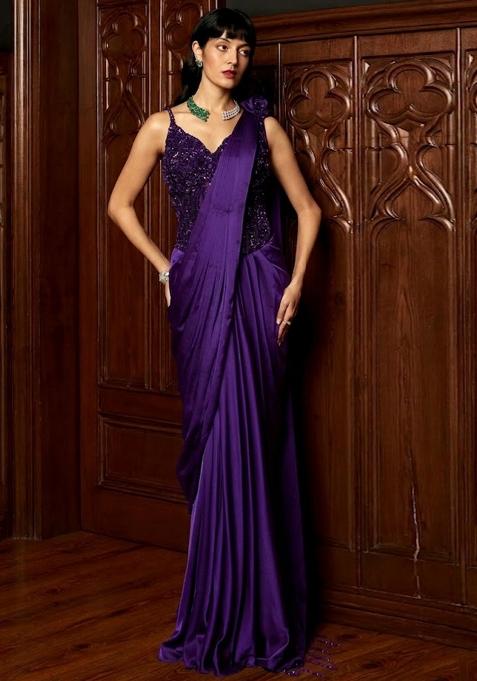 Purple Embroidered Handwork  Pre Draped Saree Set