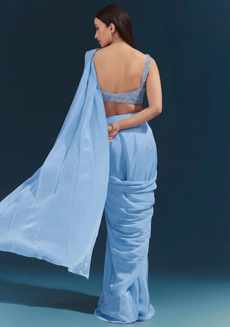Powder Blue Embroidered Handwork Pre Draped Saree Set - Indya