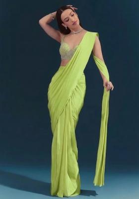 Light Green Embroidered Handwork Pre Draped Saree Set