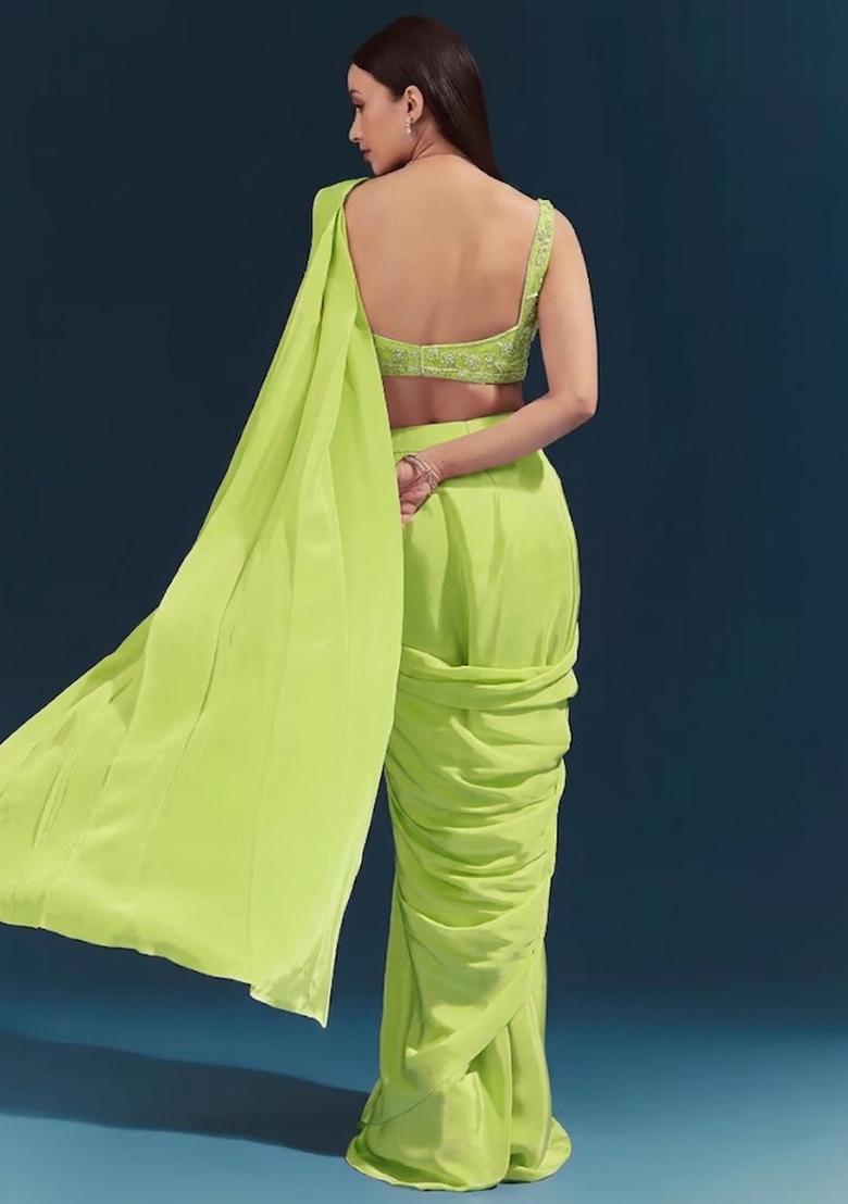 Light Green Embroidered Handwork  Pre Draped Saree Set - Indya