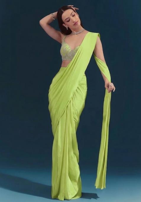 Light Green Embroidered Handwork  Pre Draped Saree Set