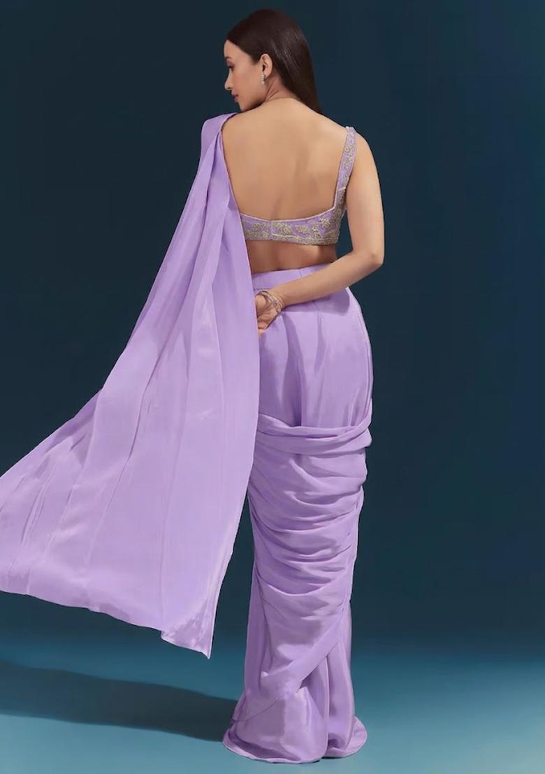 Lavender Embroidered Handwork Pre Draped Saree Set - Indya