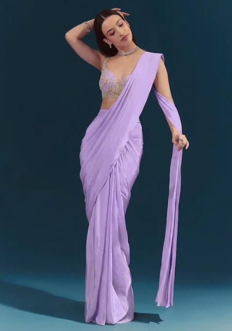 Lavender Embroidered Handwork  Pre Draped Saree Set