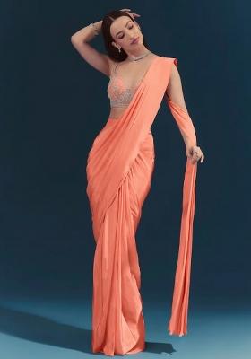 Peach Embroidered Handwork  Pre Draped Saree Set