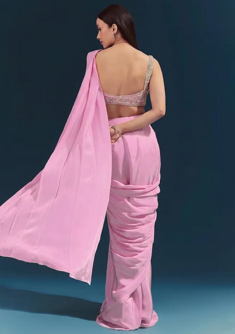 Lavender Embroidered Handwork Pre Draped Saree Set - Indya