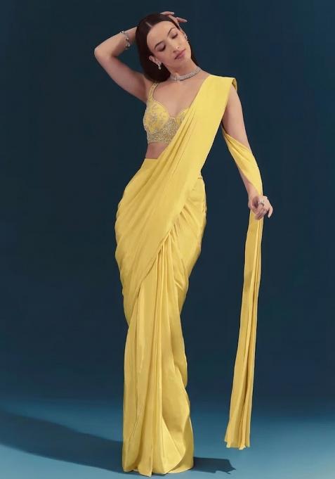 Yellow Embroidered Handwork  Pre Draped Saree Set