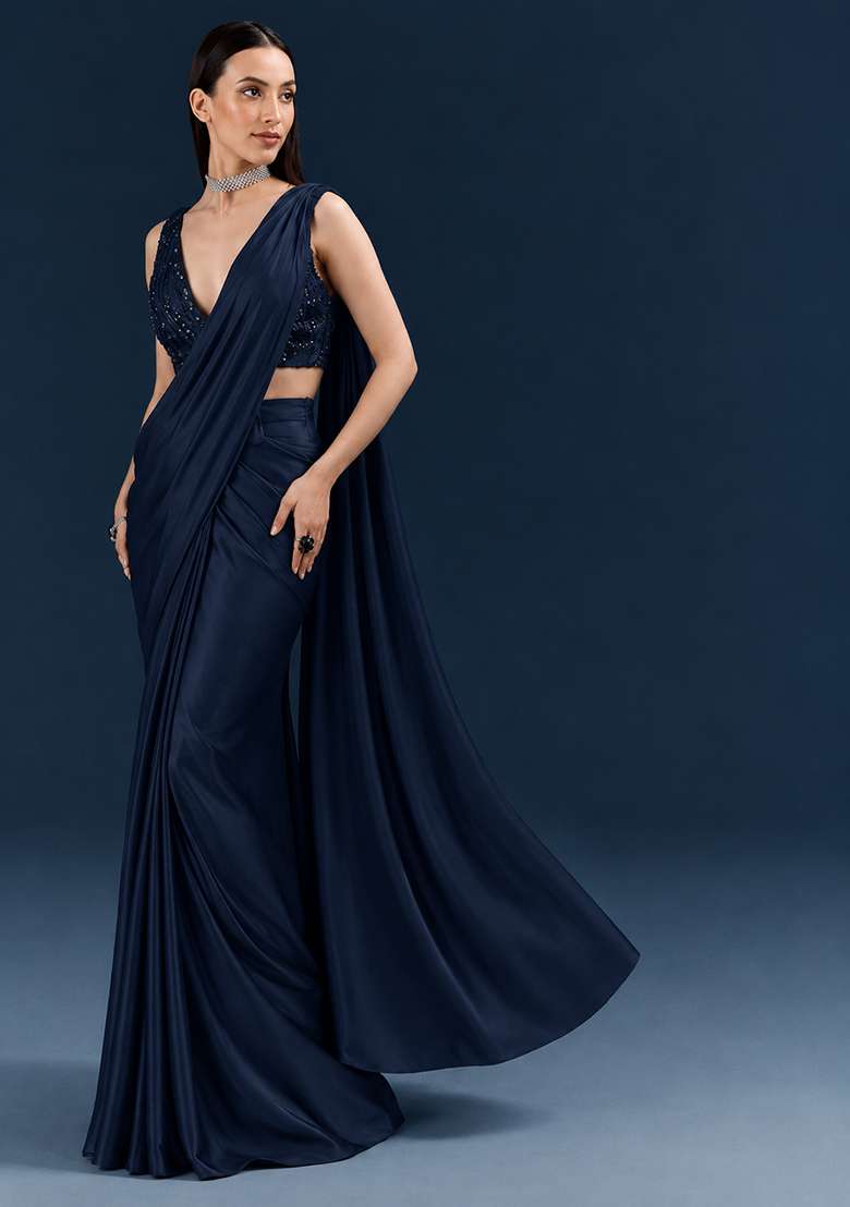 Midnight Blue Embroidered Handwork Pre Draped Saree Set - Indya
