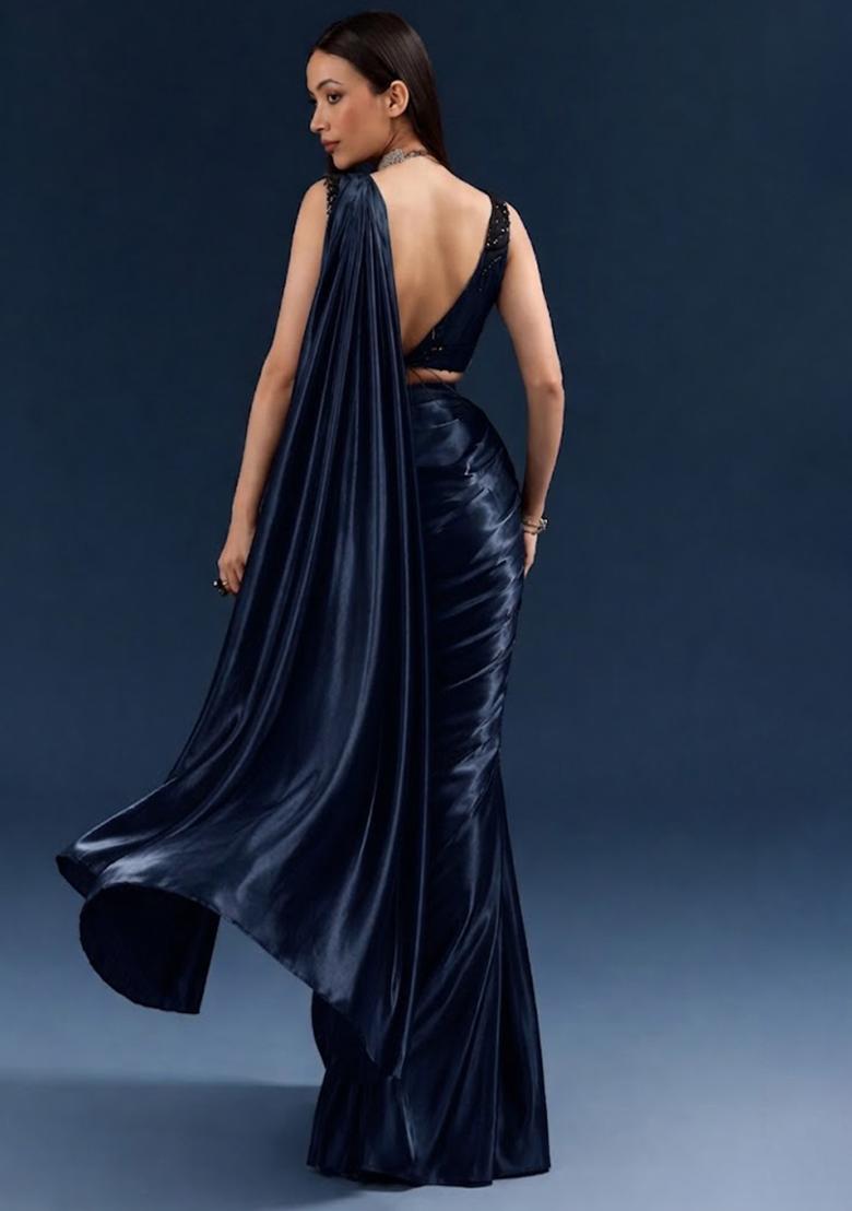 Midnight Blue Embroidered Handwork Pre Draped Saree Set - Indya