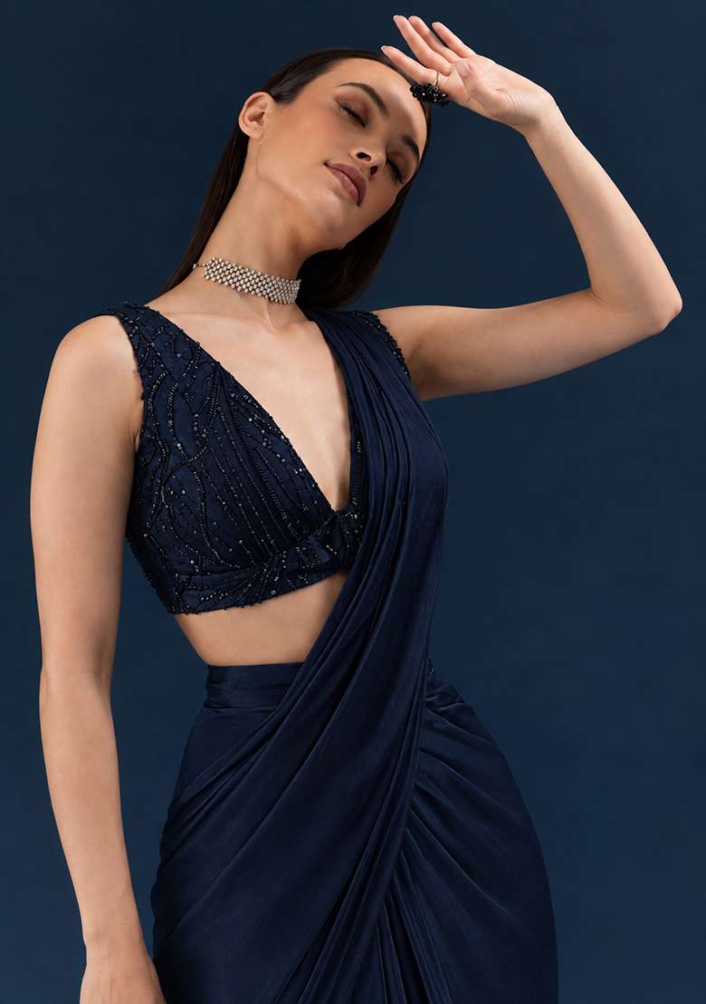 Midnight Blue Embroidered Handwork Pre Draped Saree Set - Indya