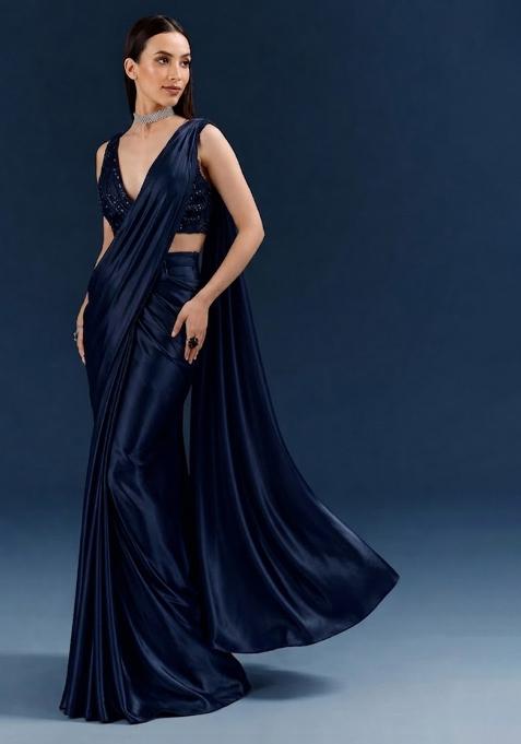 Midnight Blue Embroidered Handwork  Pre Draped Saree Set
