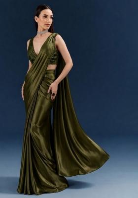 Olive Embroidered Handwork Pre Draped Saree Set